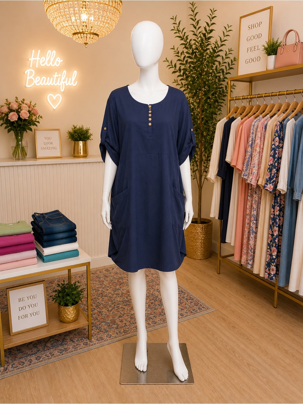 Navy High-Low Button Front Women’s Dress